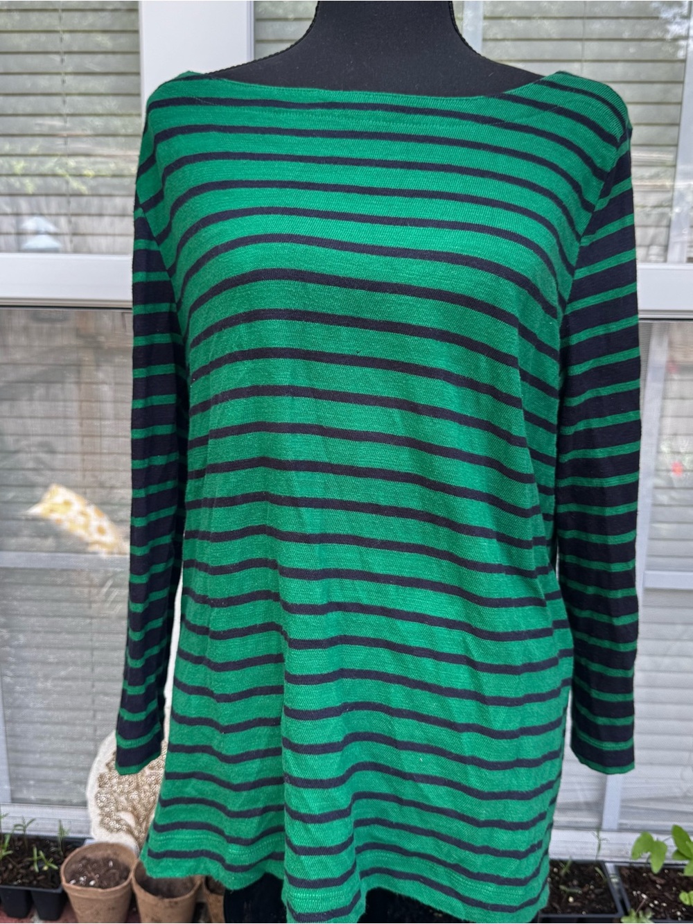 Loft Green and Navy Striped 3/4 Sleeve Top